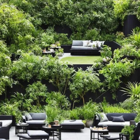 beautiful garden, black wall, black chairs, plants, warm lighting