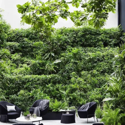 beautiful garden, black wall, black chairs, plants, warm lighting