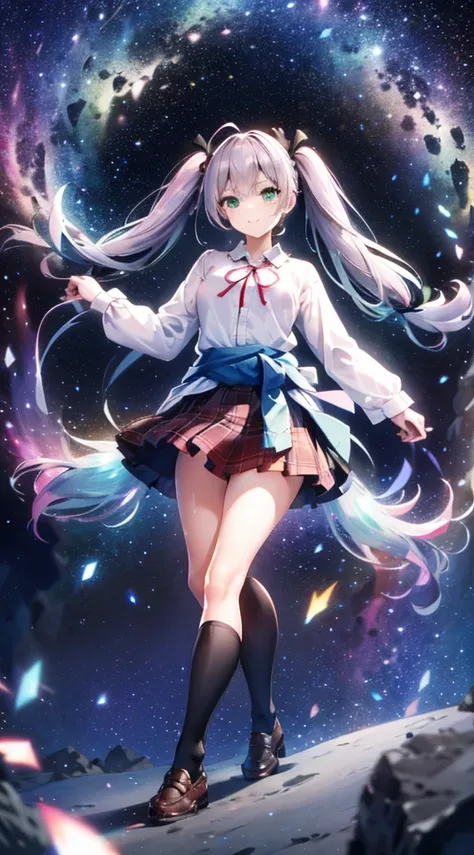 high detail, super detailed, ultra-high resolution, a girl having fun in a dreamlike galaxy, surrounded by stars, the warm light...