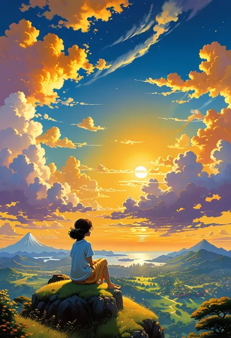 and souls、Skyscape with circular billowing clouds 、Orange-yellowish sky of the infernal sunset bright yellow clouds like shining gold、Deities々Shikai 、You can feel the touch of the brush.、girl sitting watching a sunset, Studio ghibli、ghibli、scenery、Style、Th...