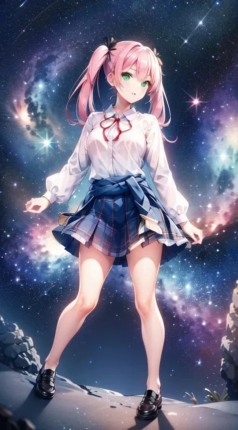 high detail, super detailed, ultra-high resolution, a girl having fun in a dreamlike galaxy, surrounded by stars, the warm light...