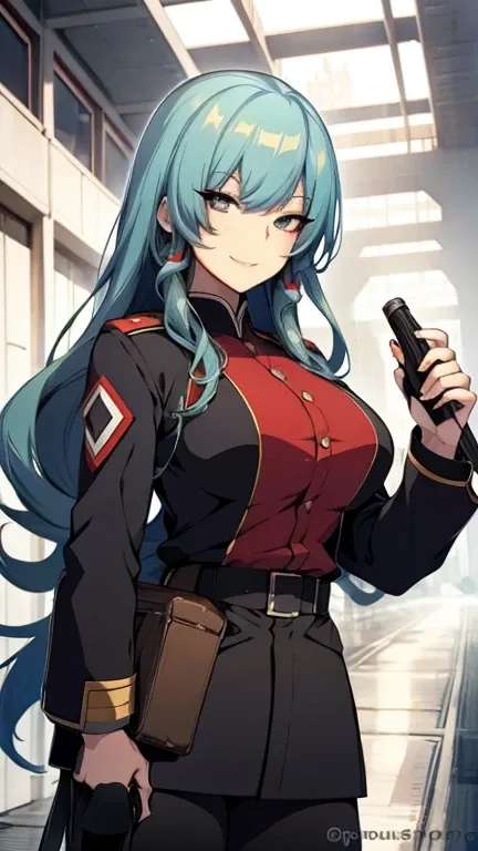 High detailed, 1 anime girl, celeste-blue hair, playful expression, pit Black eyes, 2 toned hair, large hair, large smile, soviet uniform, big And round buson, large rifle in Hand, chunky body