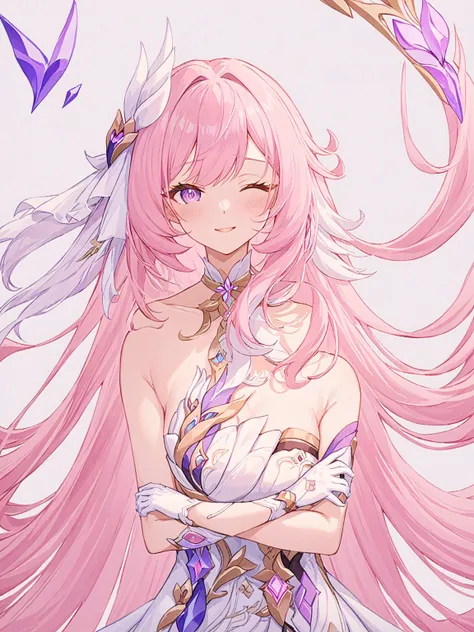 One girl, Elysia (Honkai Impact), alone, Close one eye, white gloves, gloves, dress, View your viewers, smile, white dress, Mouth closed, Bare shoulders, chest, Symbol-shaped pupil, Simple Background, Very long hair