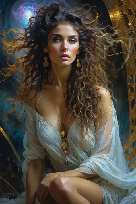  Прекрасная богиня, Hyper realistic-surreal and fantasy composition Perfect and dynamic digital painting, portrait of incredibly gorgeous woman, messy hair, black light atmosphere, style Jose Royo, Boris Vallejo, Carne Griffiths, Wadim Kashin, Harrison Fis...