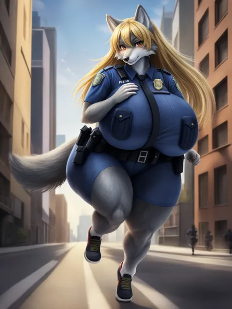  (8K, Masterpiece, high resolution, super fine illustration:1.3), (cool, beautiful, mannish:1.65), fluffy, perfect anatomy, detailed background, (solo, silver fur, 1 female wolf kemono:1.5), (long hair), (blonde hair:1.25), at big city, (police uniform:1.5...