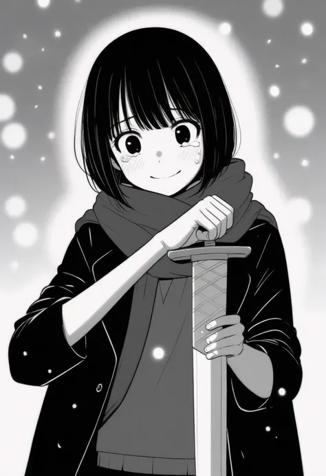 masterpiece, best quality, 1girl, mamerakkkkko, grayscale, manga style, japanese, chi no wadachi, black eyes, street, iced, black hair, schoolbag, smile, lineart, black coat, black scarf, black pleated skirt, leggings, centered, 18 years old, tall, fair sk...