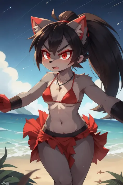 score_9,score_8_up,score_7_up, source_cartoon, source_furry, furry girl, wolf, black hair, punk hairstyle, huge long spiky ponytail, anime style, small breasts, red eyes, makeup, eyeshadows, ((deep red bikini ruffled triangle, high cut bottom, star necklac...