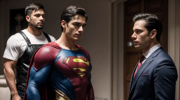 Superman facing a thin man in a suit 