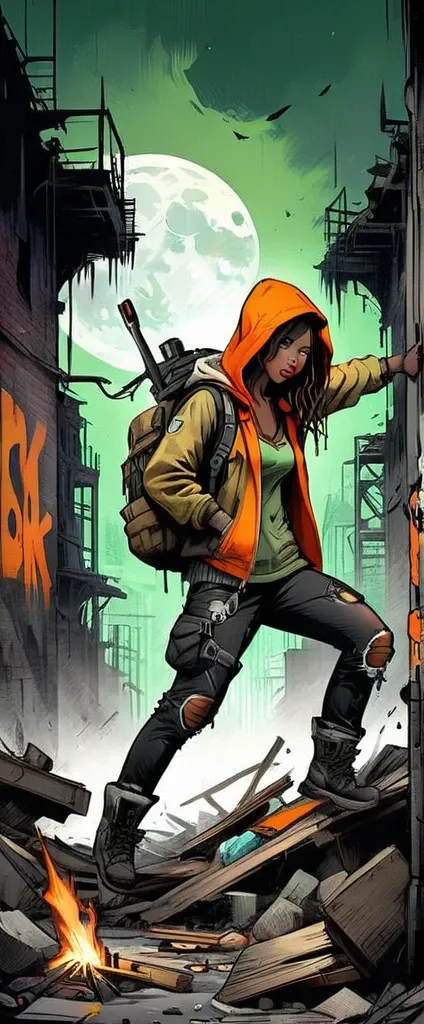 ((Post Apocalyptic Wasteland, abandoned place, debris, Destruction, destroyed buildings graffiti on the walls:1.5)), ((1 dark beautiful girl, tattered clothes with hood and bazooka in his hand about to throw, dynamic pose, epic:1.6)), ((dark background, fu...