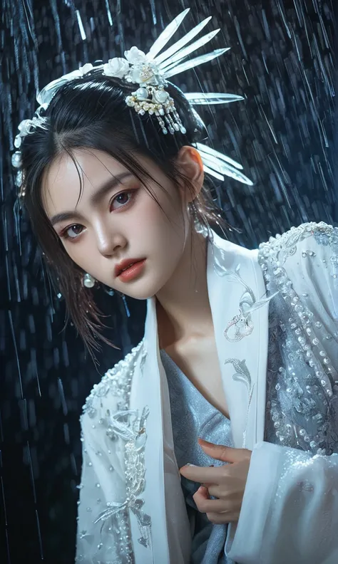 18 year old beautiful girl with monster, pearl-like eyes, extremely detailed face, heavy rain, crazy body movements, exaggerated perspective, poster, androgynous, fashion, dramatic lighting, loud sound, distorted style, 32k ultra-high resolution, Chinese g...