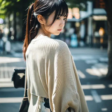 iPhone 15 pro photo, cool fashionable japanese woman, emotional photo, single focal length lens, portrait, Japanese photography style, Photo-detailed portrait style, full body rear facing photo, beautiful shining straighthair