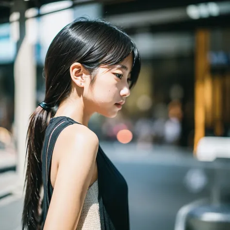 iPhone 15 pro photo, cool fashionable japanese woman, emotional photo, single focal length lens, portrait, Japanese photography style, Photo-detailed portrait style, full body rear facing photo, beautiful shining straighthair