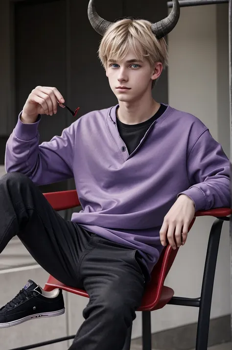 a boy of about 23 years old, with grayish blonde hair, with red eyes and a burn scar on the right eye, as well as the neck and cheek on the left side, pale skin, wearing a purple and red sweatshirt and a gray blouse, blue pants and black shoes, and horns a...