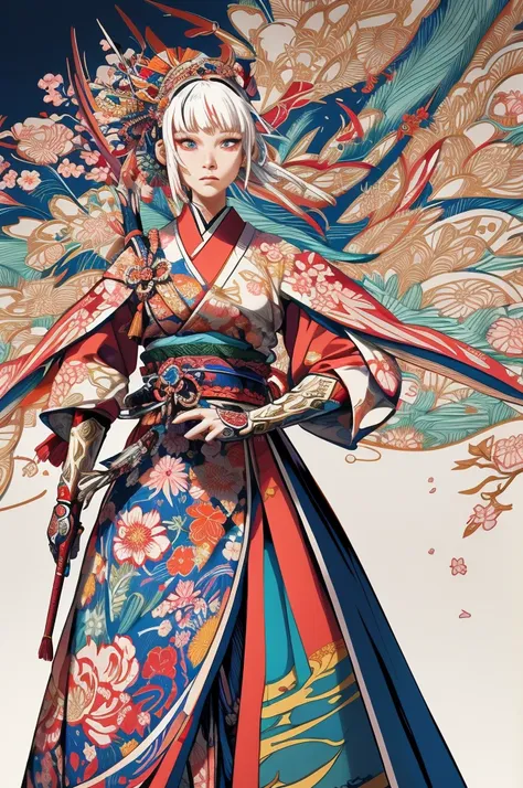 A vibrant and colorful illustration of an anime-style female samurai character with white hair, holding her sword in front of her face. She is wearing traditional Japanese adorned with floral patterns, a backdrop filled with colorful patterns representing ...