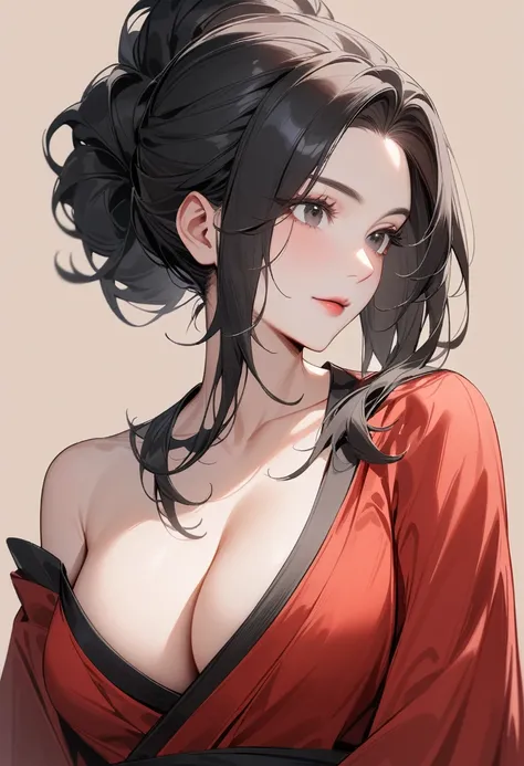 Mature women，Black long hair，Hair up，Red Hanfu，Showing cleavage，Show your shoulders，Beautiful black eyes，Extremely detailed，high resolution，Simple background