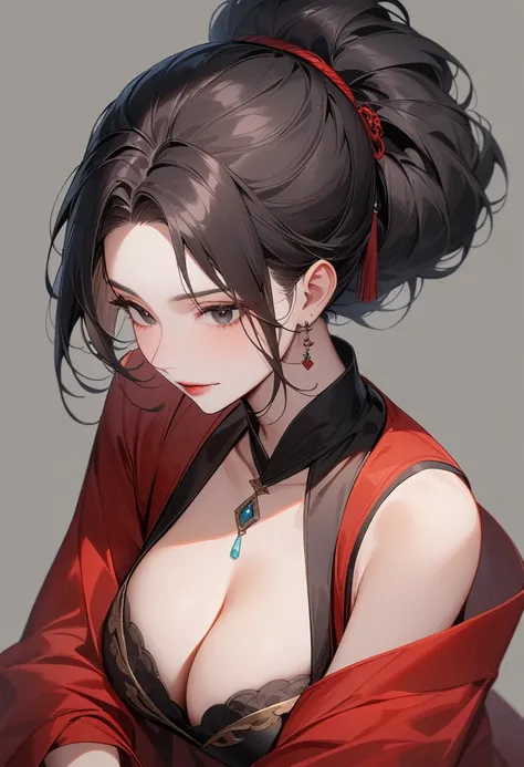 Mature women，Black long hair，Hair up，Red Hanfu，Showing cleavage，Show your shoulders，Beautiful black eyes，Extremely detailed，high resolution，Simple background