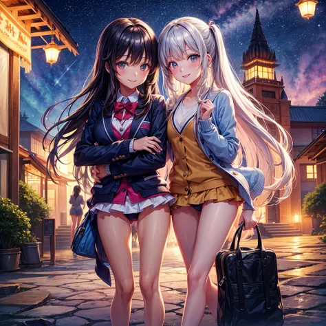 best quality，，smile，blazer，swimsuit，nepal，middle School girlultiple girls are depicted,harem，idol group，starry sky background，photo shoot，long hair，wearing a cardigan，beautiful girlの国，girl&#39;s paradise，highest quality，big breasts，leather jacket，happy gir...