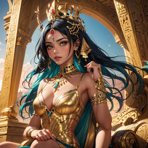 Create a stunning portrait of Queen Cleopatra, emphasizing its royalty and elegance. The scene is supposed to capture Cleopatra sitting on her golden throne, adorned with opulent Egyptian jewelry, including a golden crown encrusted with precious stones. Be...