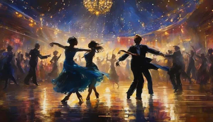 Men and women ballroom dancing、Dancing in the spotlight、Loud cheers debtrom the audience、Bright Stage、serious debtace、Deep Shadow、Oil painting style、Jazz bar background、 Dramatic lighting, Very realistic, 8K,
Insane Details, Complex, Bokeh, Shot with a 60m...