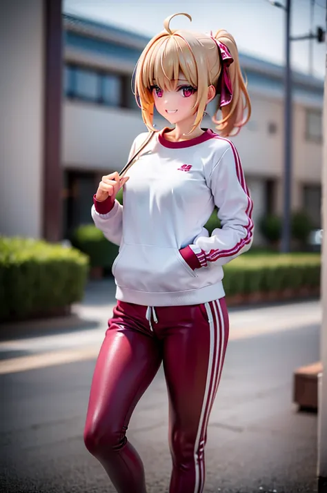 17 year old girl、blonde ponytail、Ahoge、big round red eyes、grin、small breasts、White sweatshirt、Belly button、White tracksuit pants