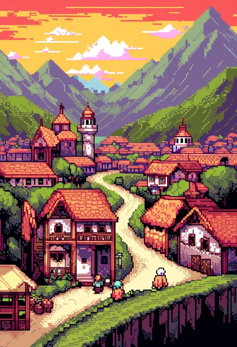 (Best Quality,high resolution), pixel art, vibrant colors, nostalgic atmosphere, Immersive gameplay, 16-bit graphics, pixel perfect controls, girl visits her grandmother, Town, surrounded by mountains