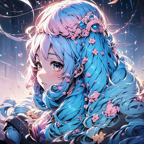 blue hair, so many details, pink detailed big eyes, highest resolution, yellow shirt, light pink tie, blue hat, white open jacket, concept art, <3, There are a lot of hairpins, very fluffy hair, short hair hair, funny posture