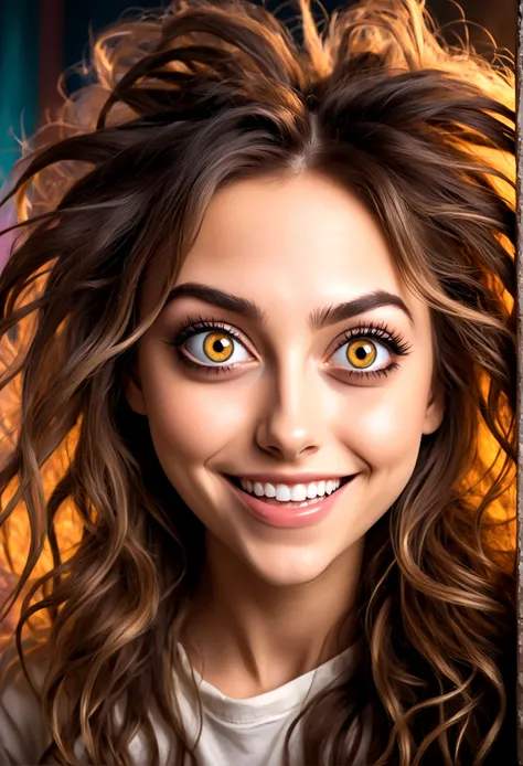 Create an image of a stunningly beautiful Psychotically crazy girlfriend, Stunningly gorgeous perfect face, big smile, large crazy eyes, dilated pupils, long messy hair, psyco clothes, 