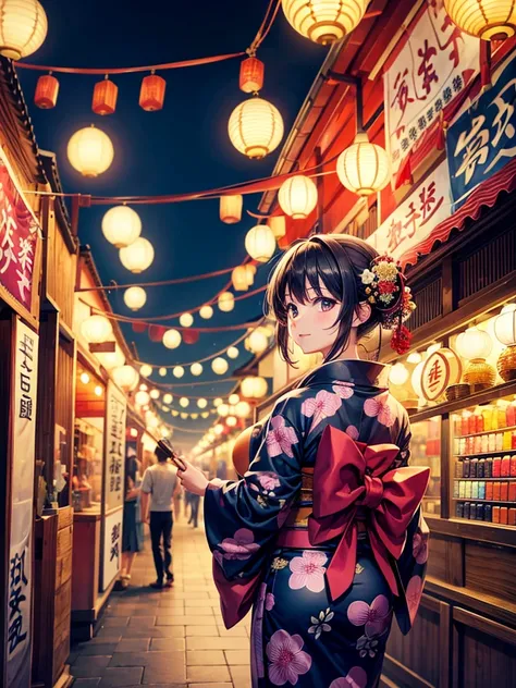 Highest quality,Highest Resolution,fair,Night Festival,shrine,Woman in yukata,stall,Opening a store,men and women,Couple,