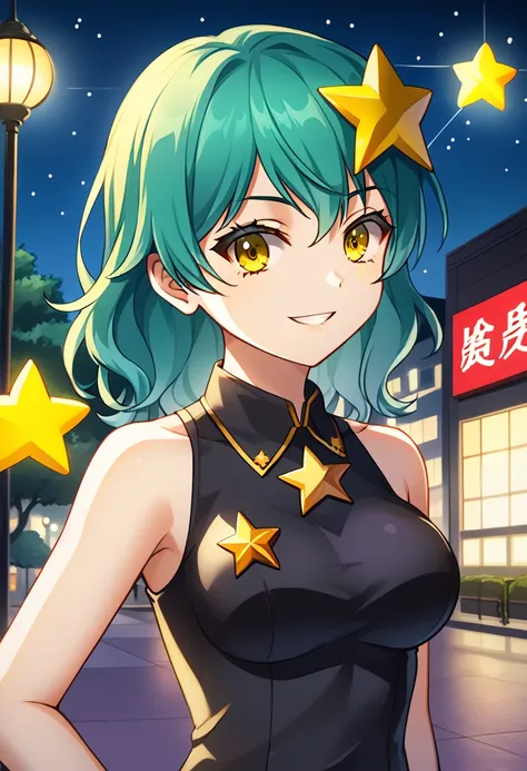 Girl with long dark turquoise hair, yellow eyes, yellow star pin in her head. Background: Tokyo at night