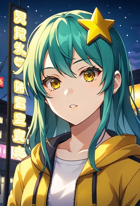 Girl with long dark turquoise hair, yellow eyes, yellow star pin in her head. Background: Tokyo at night