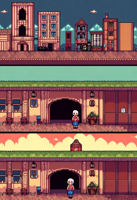 (Best Quality,high resolution), pixel art, vibrant colors, nostalgic atmosphere, Immersive gameplay, 16-bit graphics, pixel perfect controls, girl with her grandmother, Town