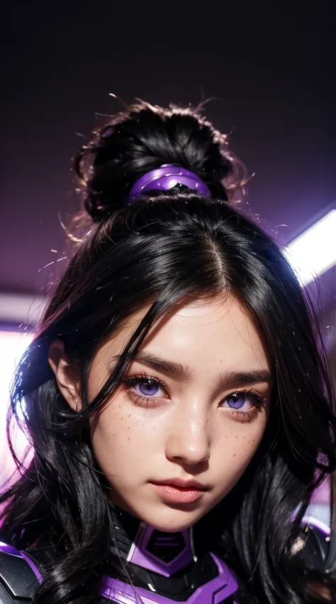 A woman with wavy black hair and purple eyes, Black alien armor, freckles, blush, eye shadow, Cute face