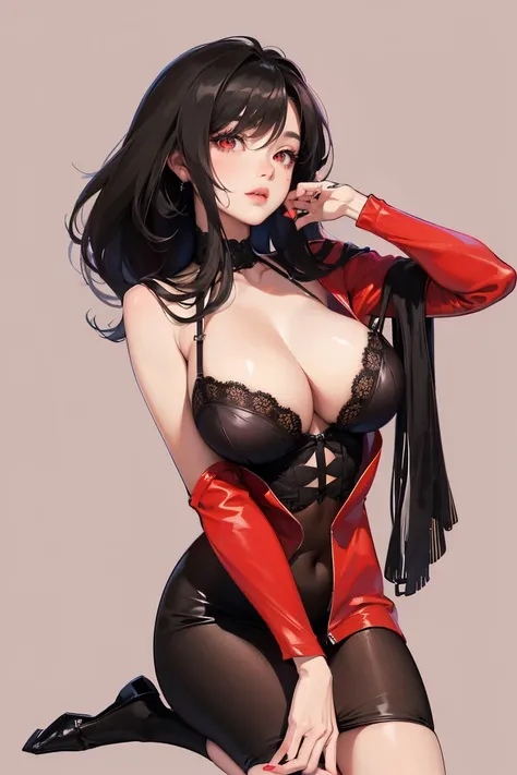 (high definition, 8k) (detailed face) an adult woman, beautiful, long black hair, red eyes, fair skin, robust bust, black lingerie, curvaceous body, hands on breasts, side pose, roses background, photo of full body, realistic anime digital art, seductive e...