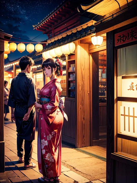 Highest quality,Highest Resolution,fair,Night Festival,shrine,Woman in yukata,stall,Opening a store,men and women,Couple,