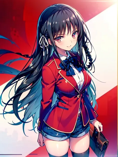 (8k, highest quality, highest quality, masterpiece), aasuzune, long hair, black hair, (single braid:1.2), hair ribbon, red jacke...