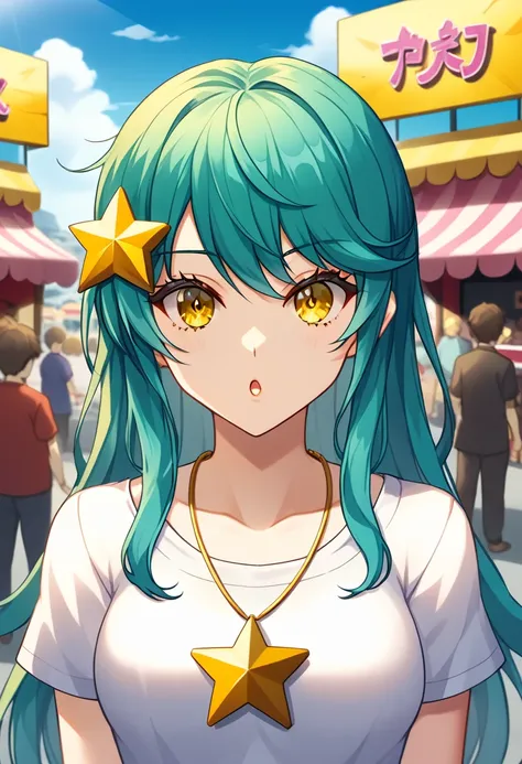 Girl with long dark turquoise hair, yellow eyes, yellow star pin in her head. Background: market