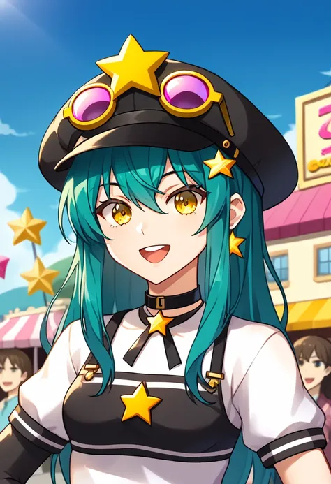 Girl with long dark turquoise hair, yellow eyes, yellow star pin in her head. Background: market