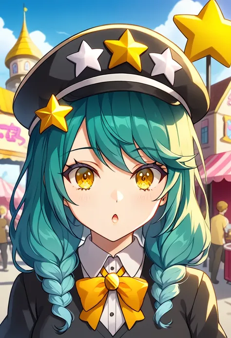 Girl with long dark turquoise hair, yellow eyes, yellow star pin in her head. Background: market