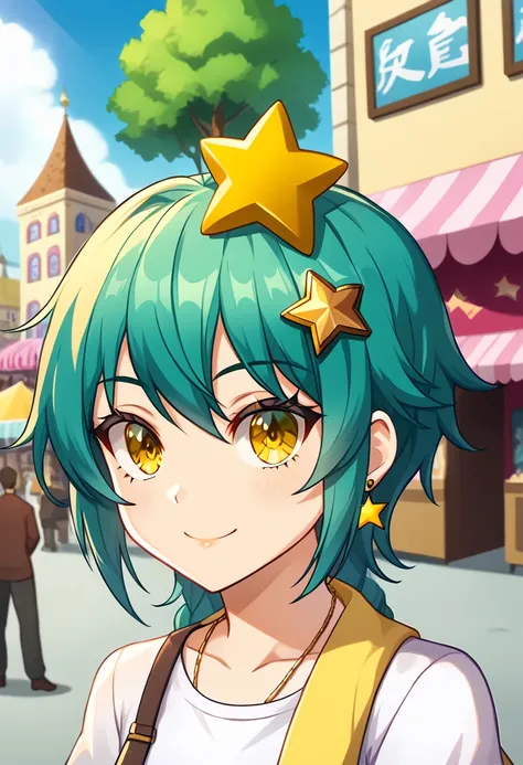 Girl with long dark turquoise hair, yellow eyes, yellow star pin in her head. Background: market