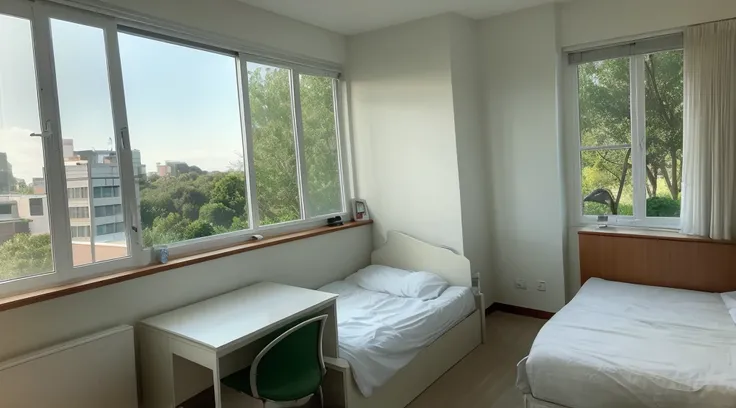 Daytime, room, windowsill, desk, slumber, twilight, white light, green trees, view of building, gentle breeze from outside