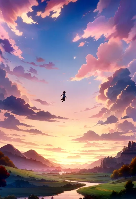 anime landscape ofThe image shows a  jumping into the air at sunset, colorful,beautiful anime scene, beautiful anime peace scene, Makoto Shinkai Cyril Rolando, beautiful anime scene, amazing wallpaper, anime art wallpaper 8k, anime background, artistic ani...