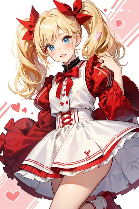 She has blushed cheeks and red lips, her skin is white with baby blue eyes. Her blonde hair is worn in pigtails with red bows and loose bangs. Her hair, eyes, and hair bows are glittery. Her blush is pinkish and she has a red heart on her cheek. She wears ...