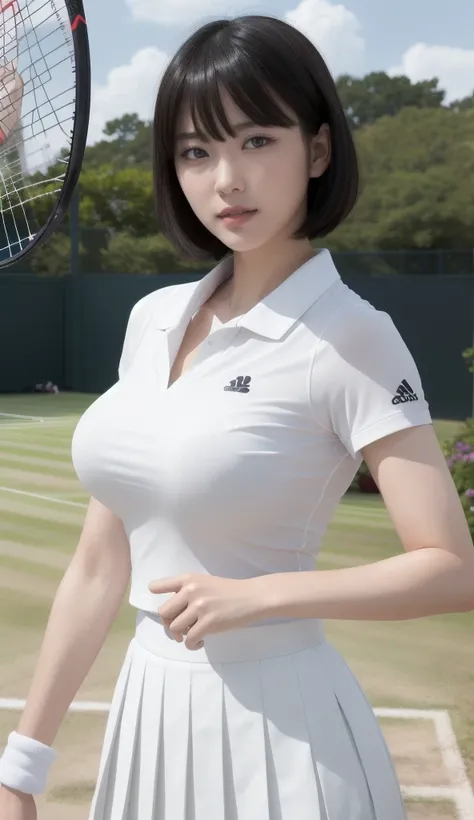 １People Women、shirt、Pleated skirt、38 years old、Bob Hairstyle、超Big Breasts、Big Breasts、、Japanese、Maid、Chromo white skin、Beautiful Eyes、Dignified face、（Big Breasts）、Play tennis、Wimbledon、Wearing white tennis wear、Cinema Lighting、Upper body portrait、