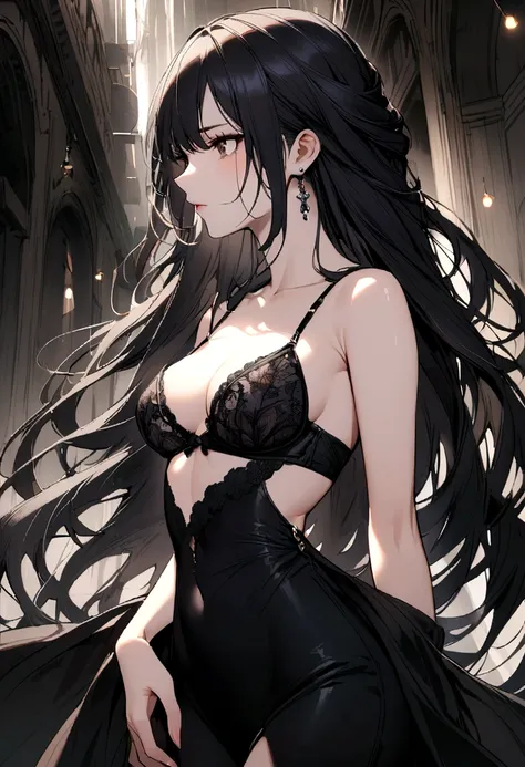 girl with very long black hair wearing just a bra