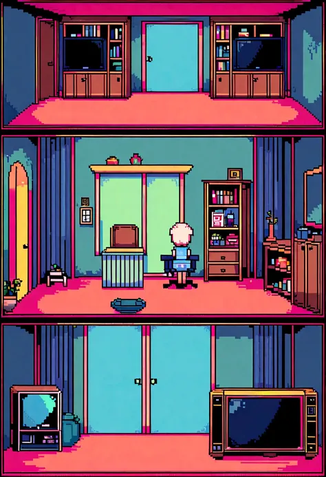 (Best Quality,high resolution), pixel art, vibrant colors, nostalgic atmosphere, Immersive gameplay, 16-bit graphics, pixel perfect controls, humble home, Grandmother, , watching television