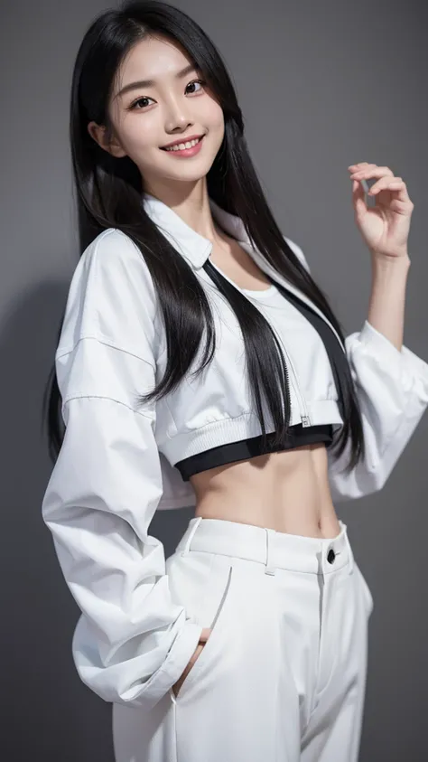 Japanese girl wearing white jacket, black crop top, black trousers, beautiful, six pack abs, realistic, 8k, model,smile beautiful, long hair