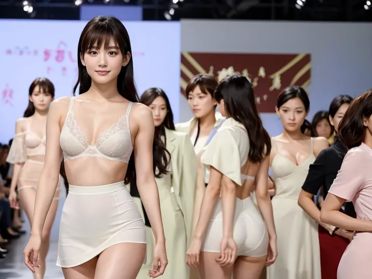 A live-action photo of an extremely beautiful Japanese high school girl race queen who highlights her large breasts and beautiful legs.、She was photographed walking down the runway at a fashion show wearing the latest Laura Lingerie underwear.、She is an et...