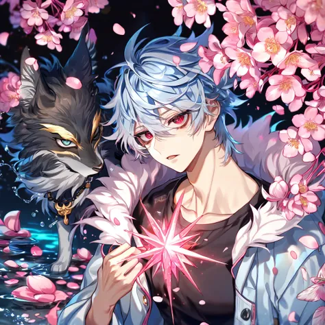 absurdres, highres, ultra detailed, HDR, master piece, best quality, Kuro, light-blue hair, messy hair, expressive red eyes, black bags under the eyes, Servamp, solo, sexy man, handsome, light blue hooded jacket with fur, black T-shirt, water, fantasy, shi...