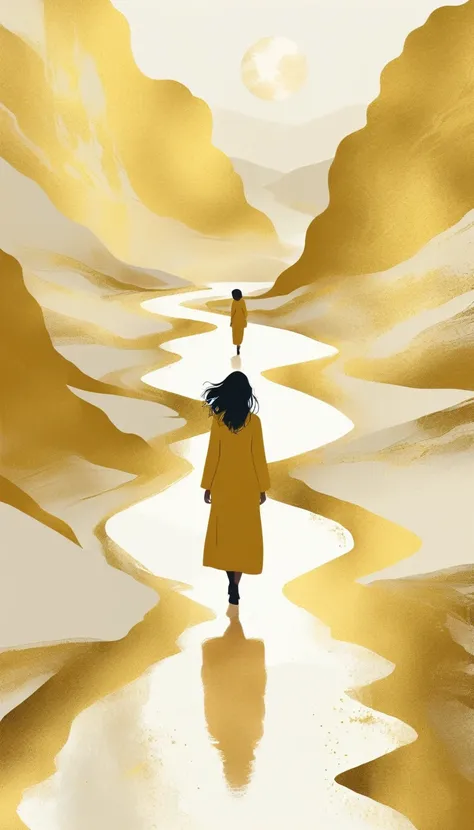 a Minimalist journey，gold，1girl，illustration