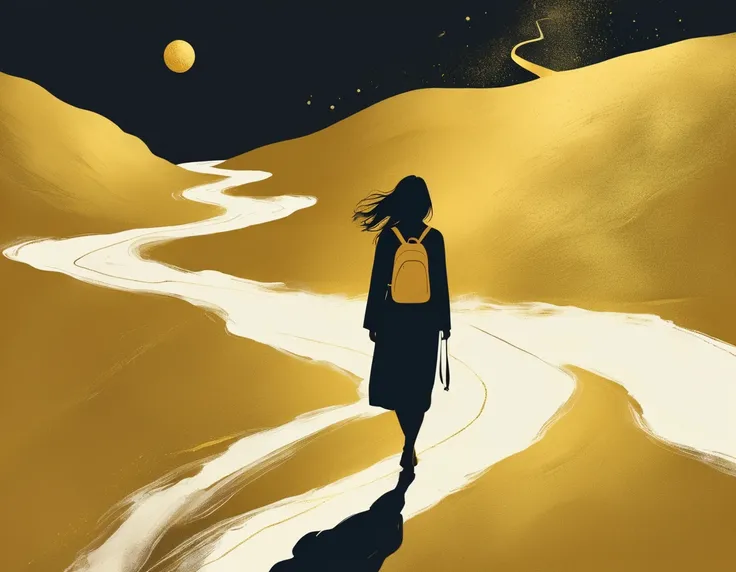 a Minimalist journey，gold，1girl，illustration